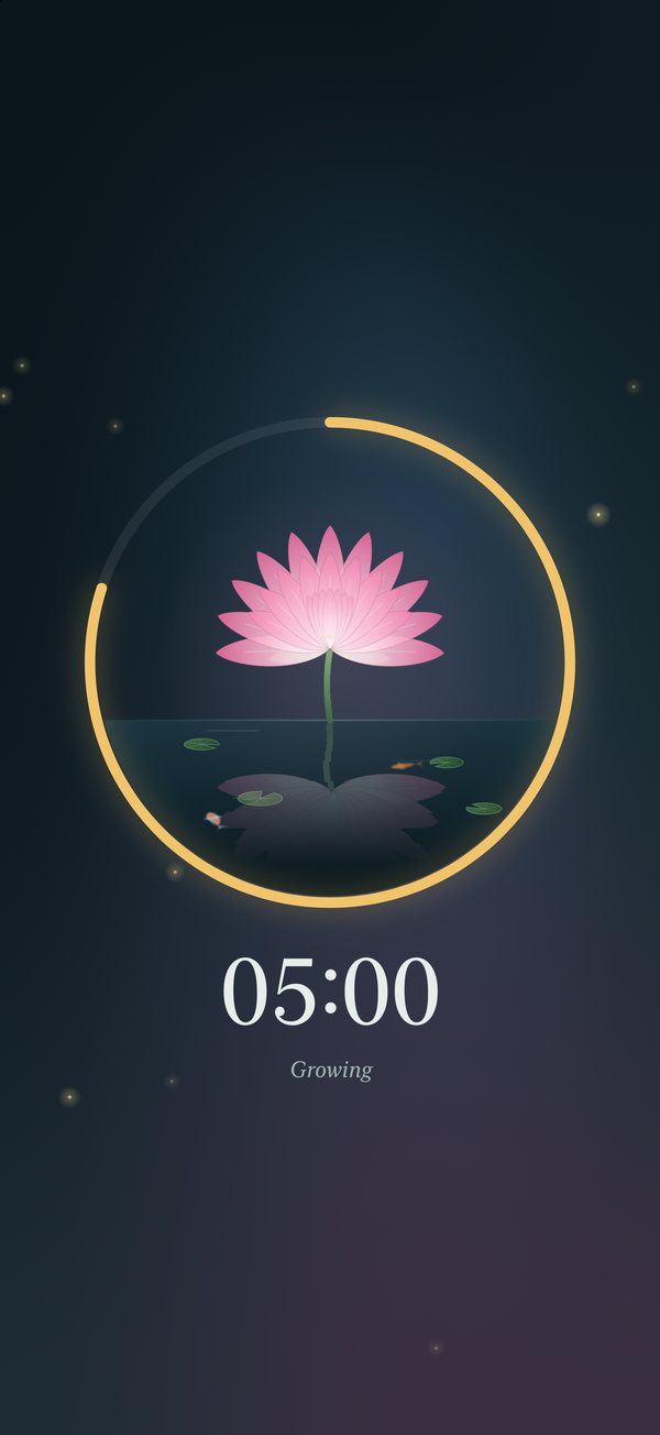 Quiet mode: only the lotus and the time remain on screen.