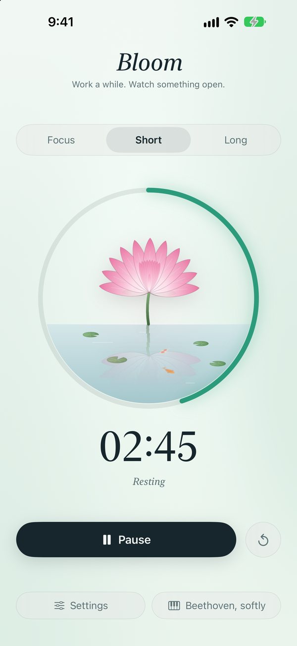 A break in the day theme: the lotus gently closing, with a green progress ring.